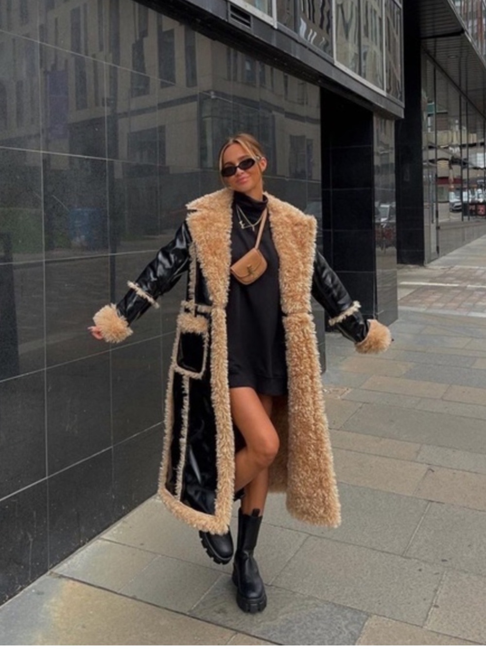 🆕Missguided Maxi Aviator Long Faux Leather Trench Coat W/ Faux Fur Trim